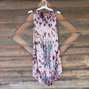 Saakas Tie Dye Embroidered Butterfly Flowy Boho Dress Free Size Sundress Rayon
